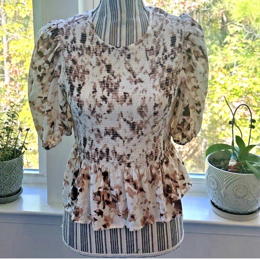 Express Cream & Brown Smocked Peplum Puff-Sleeve Blouse